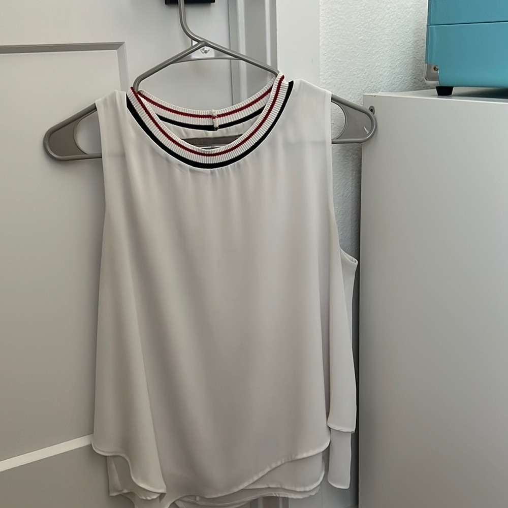 White blouse with Red, white and blue neckline